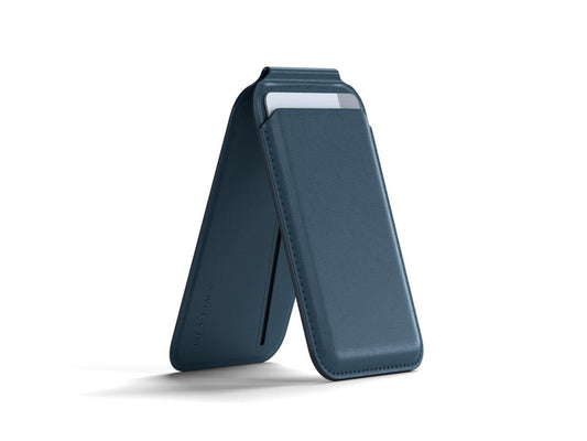 Satechi Vegan-Leather Wallet Stand - portfel i podstawka do iPhone'a z wegańskiej skóry kompatybilny z MagSafe niebieski