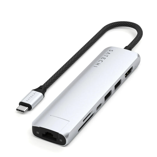 Satechi 7-in-1 USB-C Slim Multiport Adapter with Ethernet - adapter USB-C (USB-C PD, 2x USB-A, HDMI 4K, Ethernet, czytnik kart micro SD) srebrny