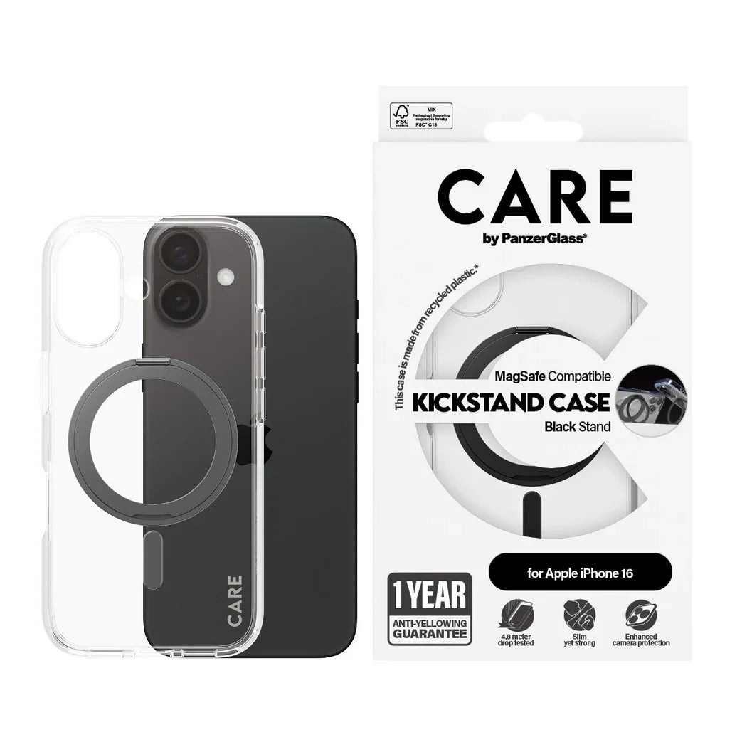 Care by PanzerGlass Feature Kickstand Case - etui ze stojakiem kompatybilne z MagSafe do iPhone 16 transparentne czarne