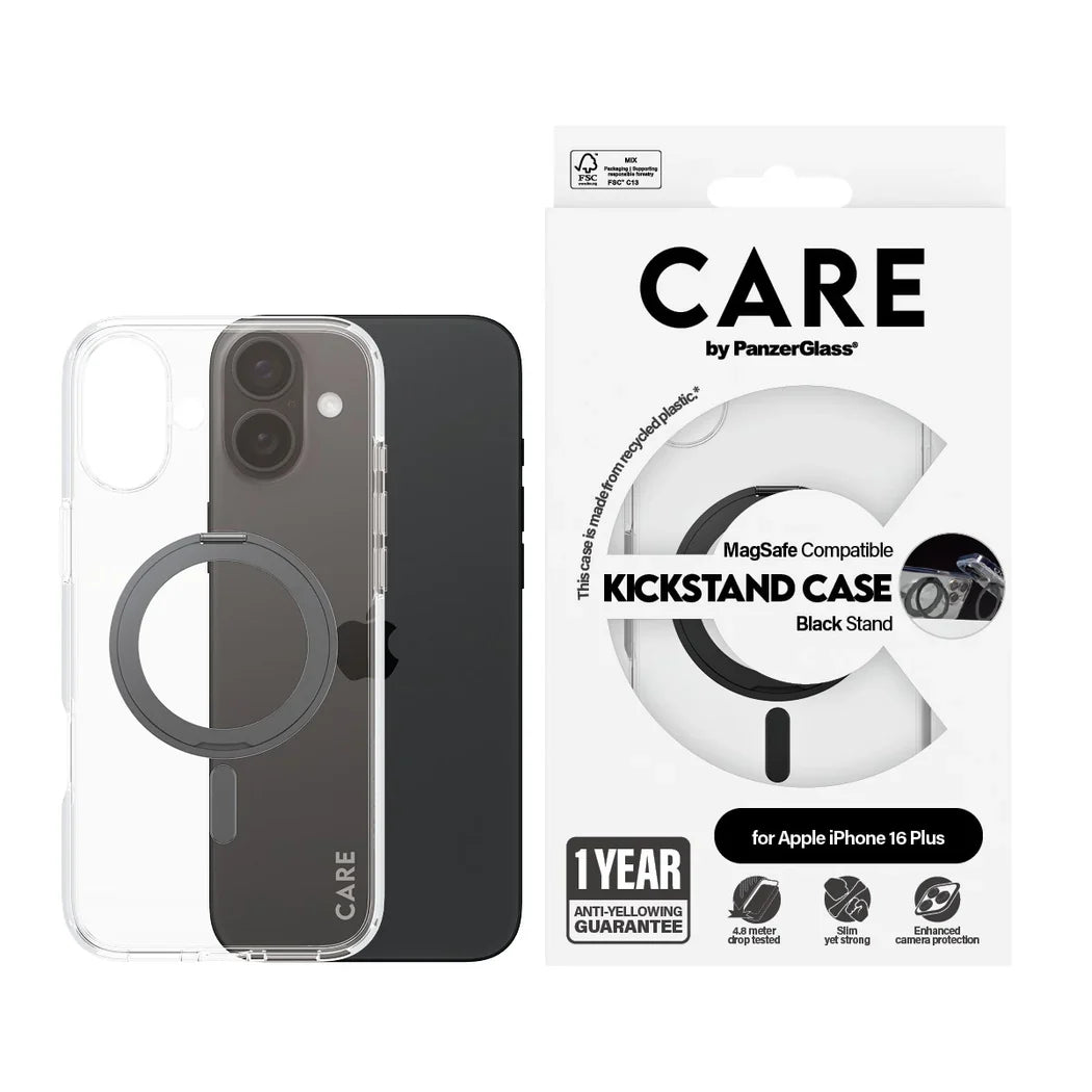 Care by PanzerGlass Feature Kickstand Case - etui ze stojakiem kompatybilne z MagSafe do iPhone 16 Plus transparentne czarne