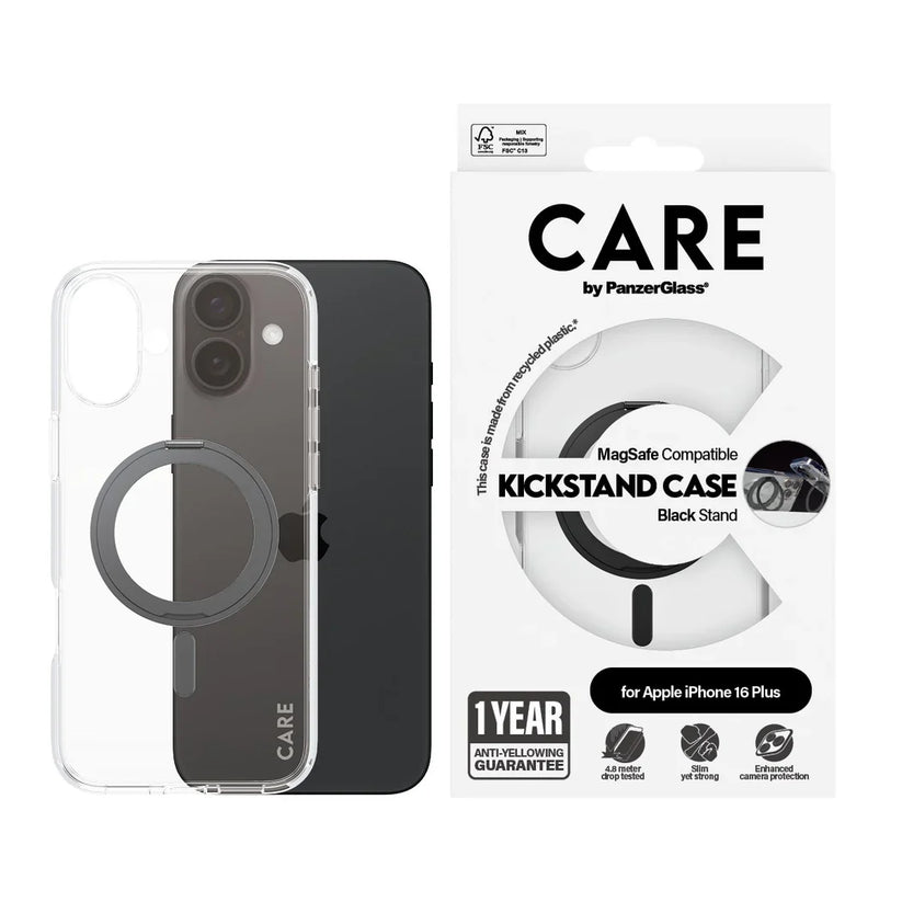 Care by PanzerGlass Feature Kickstand Case - etui ze stojakiem kompatybilne z MagSafe do iPhone 16 Plus transparentne czarne