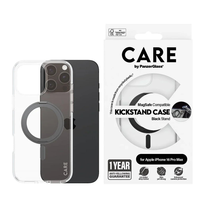 Care by PanzerGlass Feature Kickstand Case - etui ze stojakiem kompatybilne z MagSafe do iPhone 16 Pro Max transparentne czarne