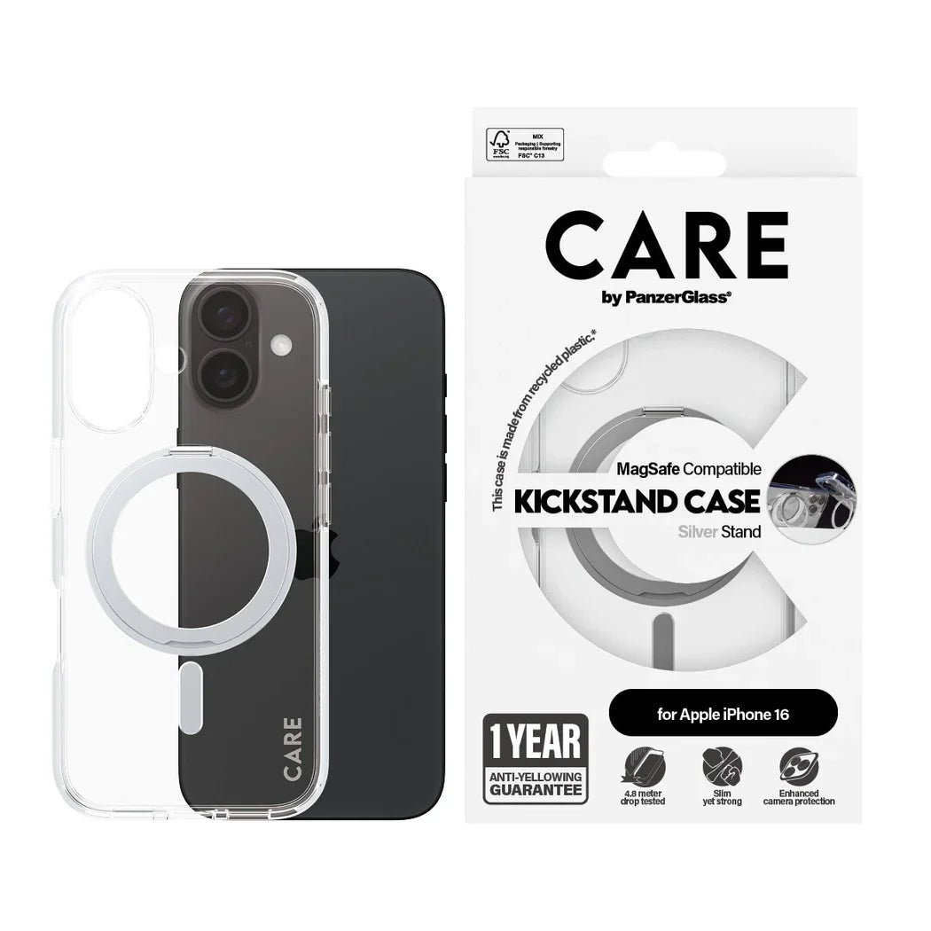Care by PanzerGlass Feature Kickstand Case - etui ze stojakiem kompatybilne z MagSafe do iPhone 16 transparentne srebrne