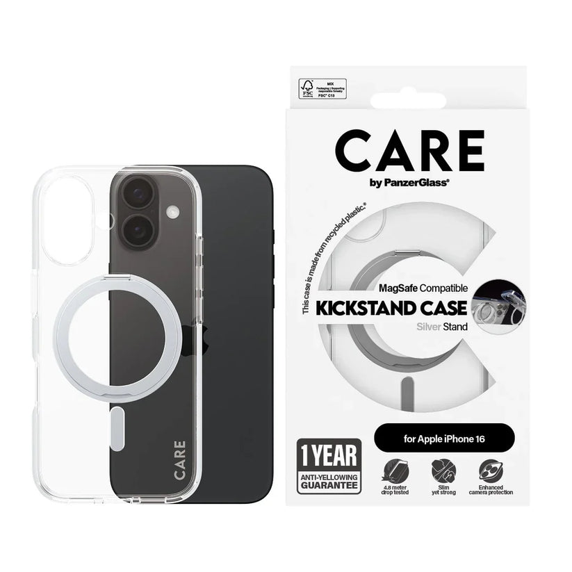 Care by PanzerGlass Feature Kickstand Case - etui ze stojakiem kompatybilne z MagSafe do iPhone 16 transparentne srebrne
