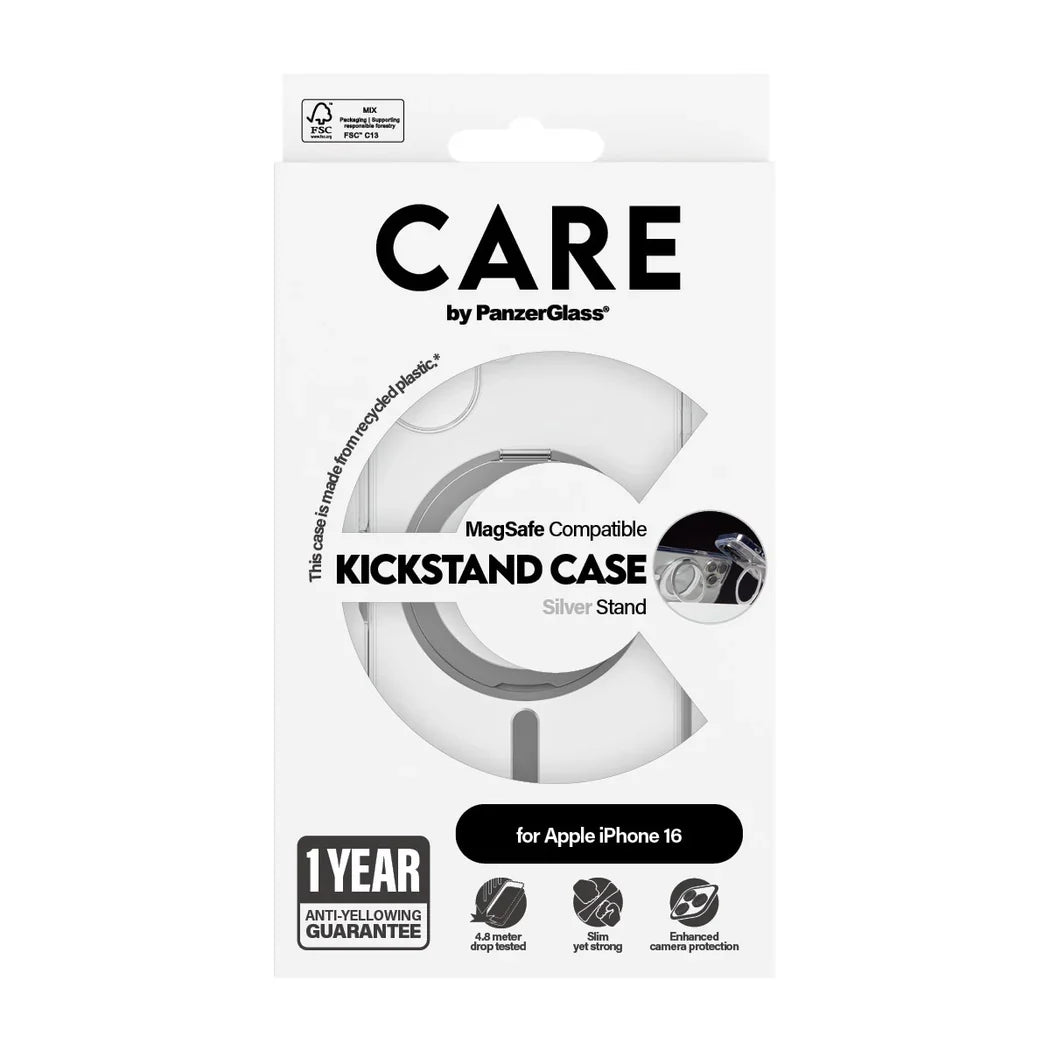 Care by PanzerGlass Feature Kickstand Case - etui ze stojakiem kompatybilne z MagSafe do iPhone 16 transparentne srebrne