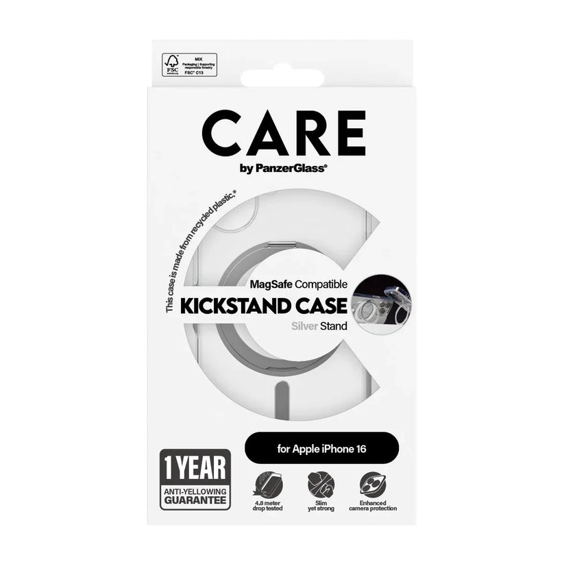 Care by PanzerGlass Feature Kickstand Case - etui ze stojakiem kompatybilne z MagSafe do iPhone 16 transparentne srebrne
