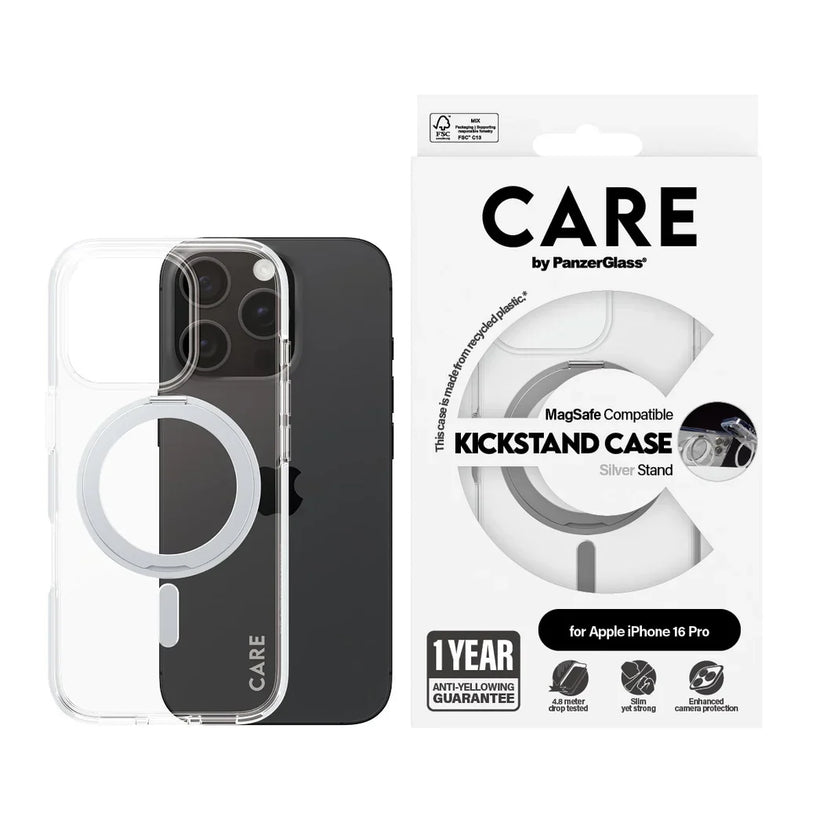 Care by PanzerGlass Feature Kickstand Case - etui ze stojakiem kompatybilne z MagSafe do iPhone 16 Pro transparentne srebrne