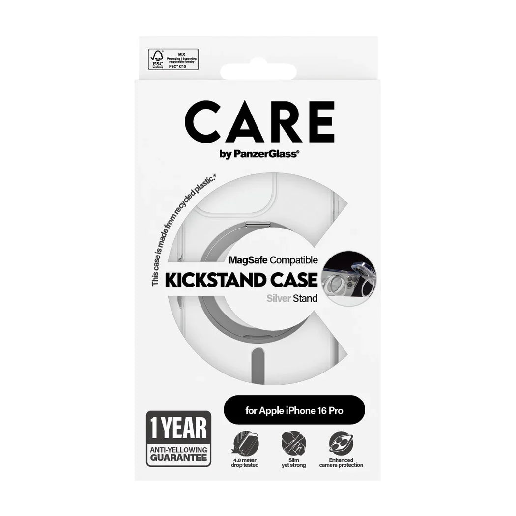 Care by PanzerGlass Feature Kickstand Case - etui ze stojakiem kompatybilne z MagSafe do iPhone 16 Pro transparentne srebrne