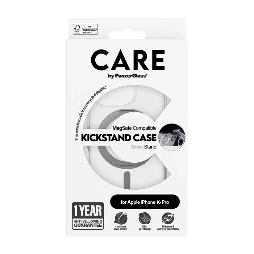 Care by PanzerGlass Feature Kickstand Case - etui ze stojakiem kompatybilne z MagSafe do iPhone 16 Pro transparentne srebrne