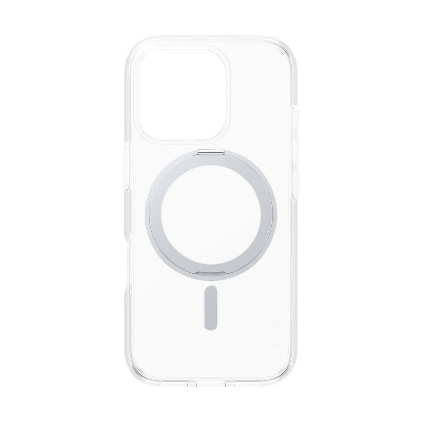 Care by PanzerGlass Feature Kickstand Case - etui ze stojakiem kompatybilne z MagSafe do iPhone 16 Pro transparentne srebrne