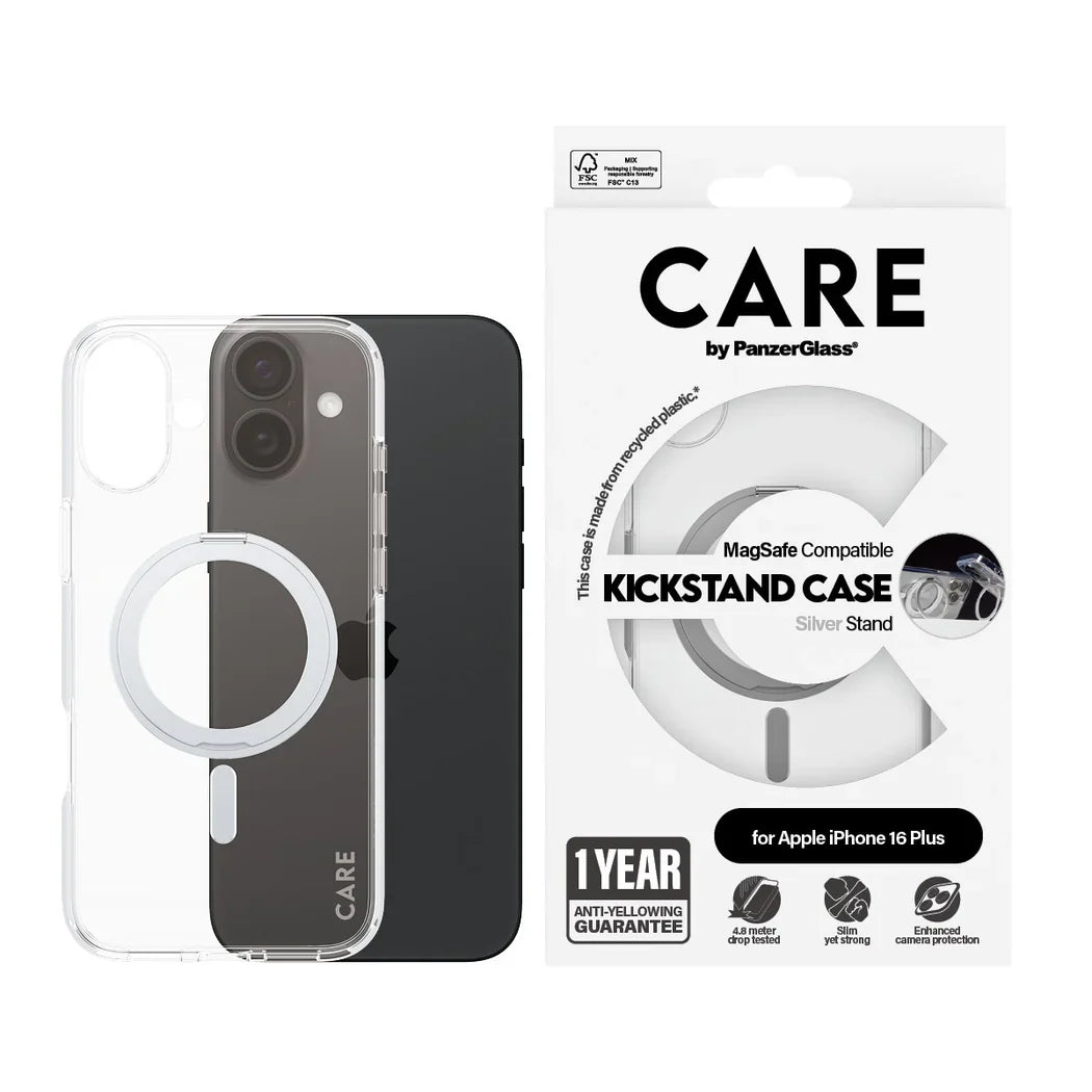 Care by PanzerGlass Feature Kickstand Case - etui ze stojakiem kompatybilne z MagSafe do iPhone 16 Plus transparentne srebrne