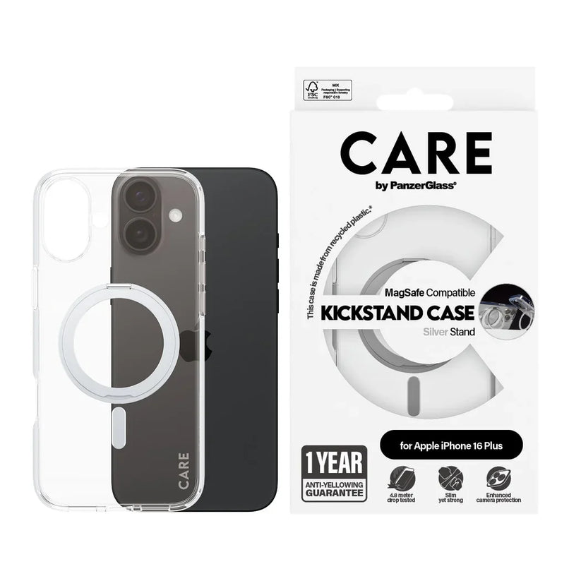 Care by PanzerGlass Feature Kickstand Case - etui ze stojakiem kompatybilne z MagSafe do iPhone 16 Plus transparentne srebrne