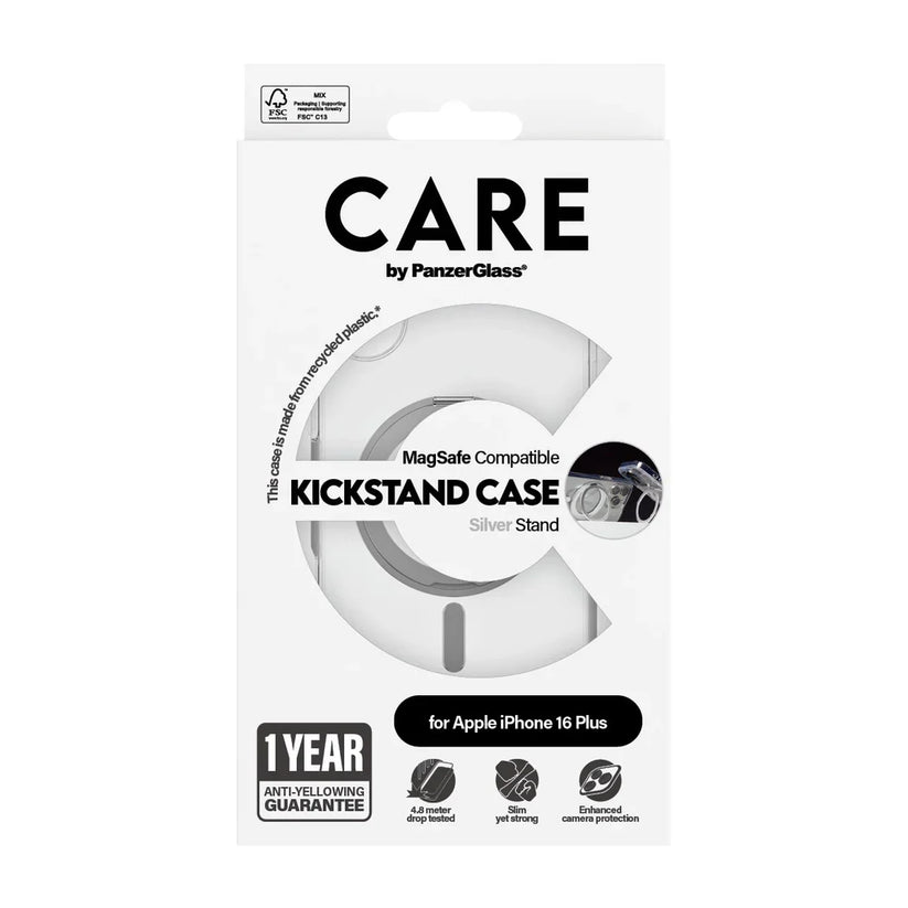 Care by PanzerGlass Feature Kickstand Case - etui ze stojakiem kompatybilne z MagSafe do iPhone 16 Plus transparentne srebrne
