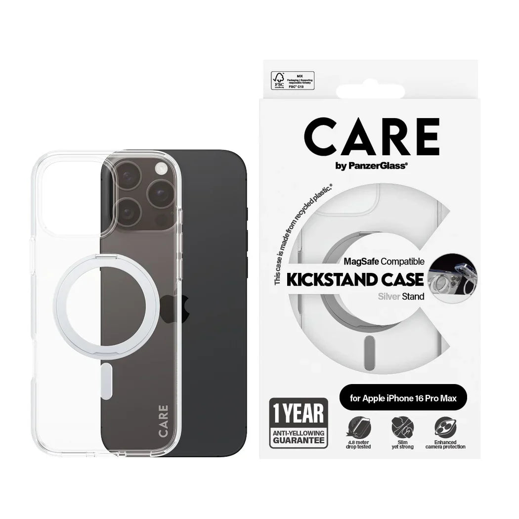 Care by PanzerGlass Feature Kickstand Case - etui ze stojakiem kompatybilne z MagSafe do iPhone 16 Pro Max transparentne srebrne