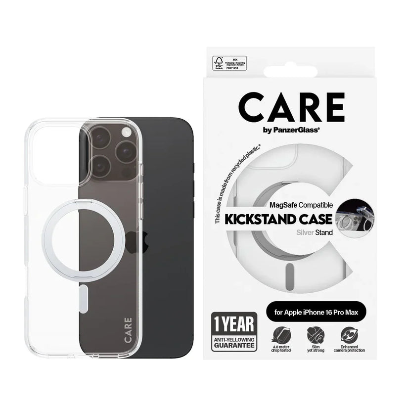 Care by PanzerGlass Feature Kickstand Case - etui ze stojakiem kompatybilne z MagSafe do iPhone 16 Pro Max transparentne srebrne