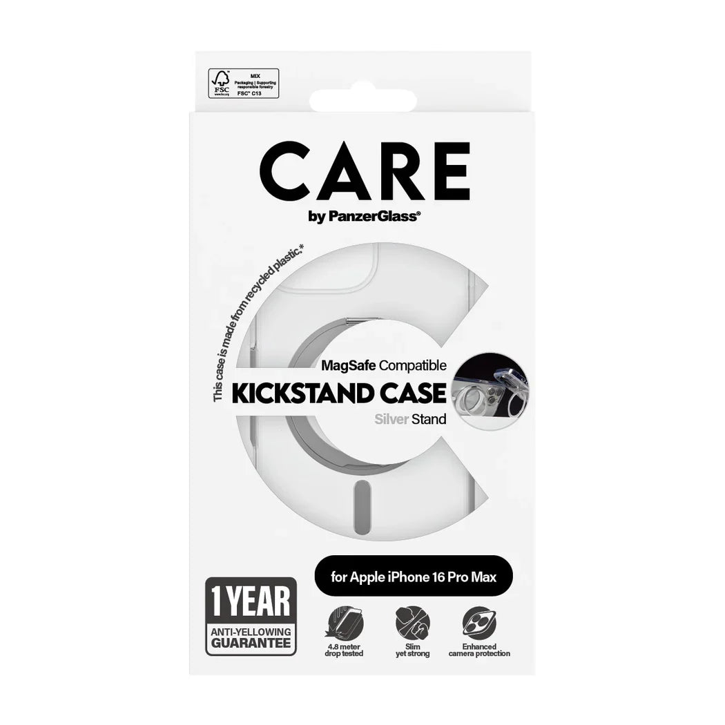 Care by PanzerGlass Feature Kickstand Case - etui ze stojakiem kompatybilne z MagSafe do iPhone 16 Pro Max transparentne srebrne
