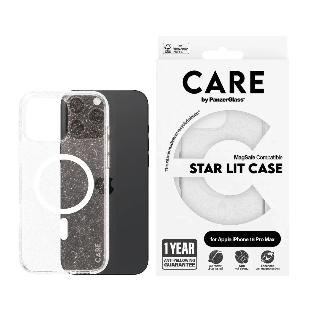Care by PanzerGlass Flagship Urban Combat Star Lit Case - etui kompatybilne z MagSafe do iPhone 16 Pro Max brokatowe białe
