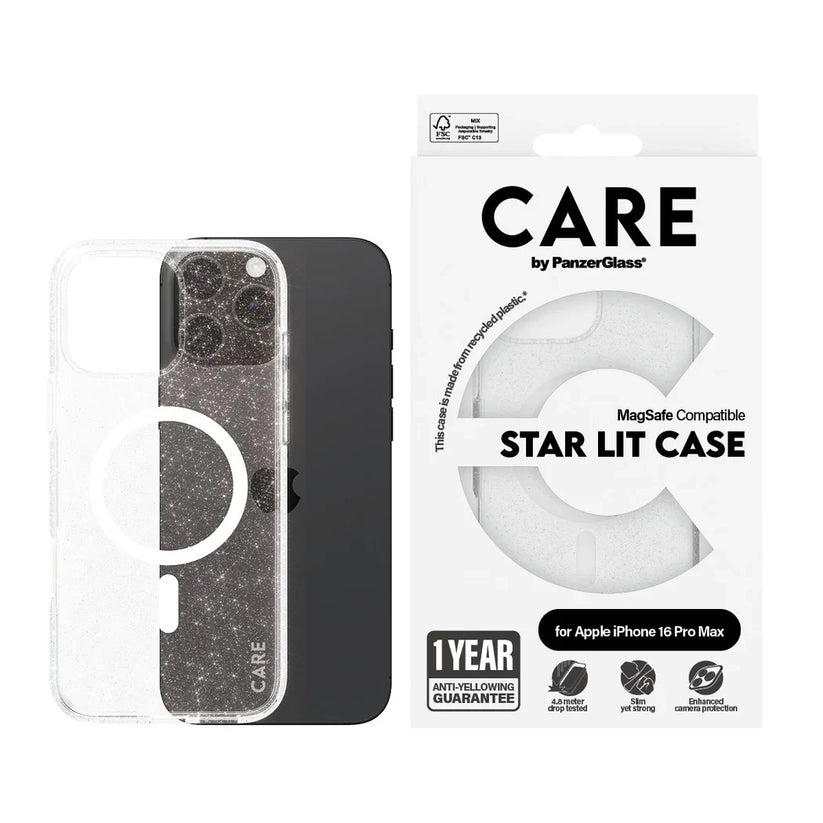 Care by PanzerGlass Flagship Urban Combat Star Lit Case - etui kompatybilne z MagSafe do iPhone 16 Pro Max brokatowe białe