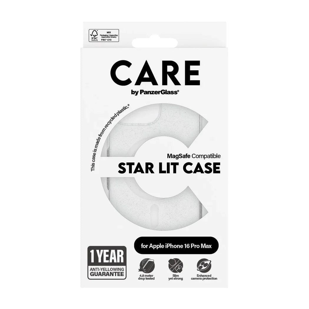 Care by PanzerGlass Flagship Urban Combat Star Lit Case - etui kompatybilne z MagSafe do iPhone 16 Pro Max brokatowe białe