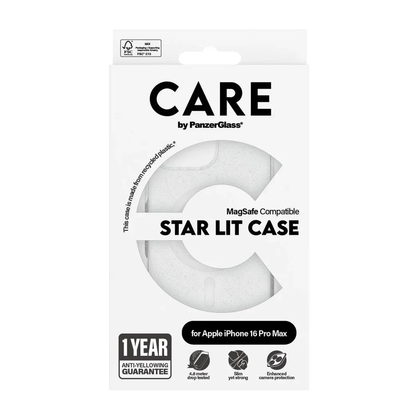 Care by PanzerGlass Flagship Urban Combat Star Lit Case - etui kompatybilne z MagSafe do iPhone 16 Pro Max brokatowe białe