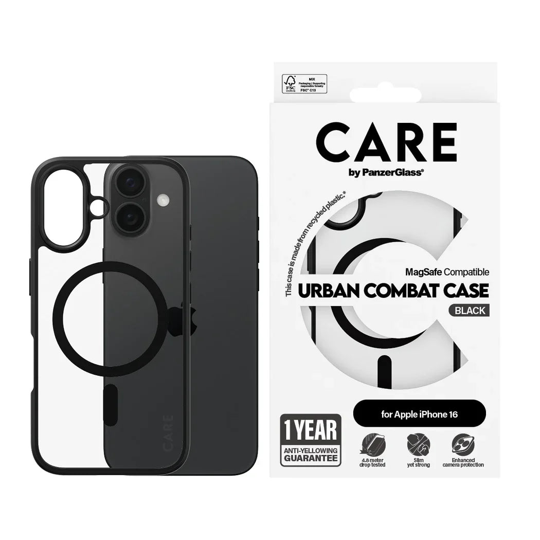 Care by PanzerGlass Flagship Urban Combat Case - etui kompatybilne z MagSafe do iPhone 16 transparentne czarne