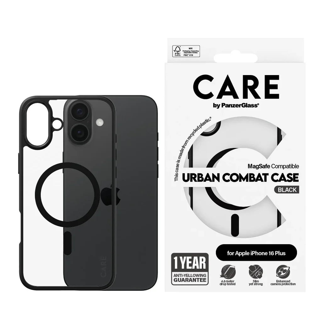 Care by PanzerGlass Flagship Urban Combat Case - etui kompatybilne z MagSafe do iPhone 16 Plus transparentne czarne