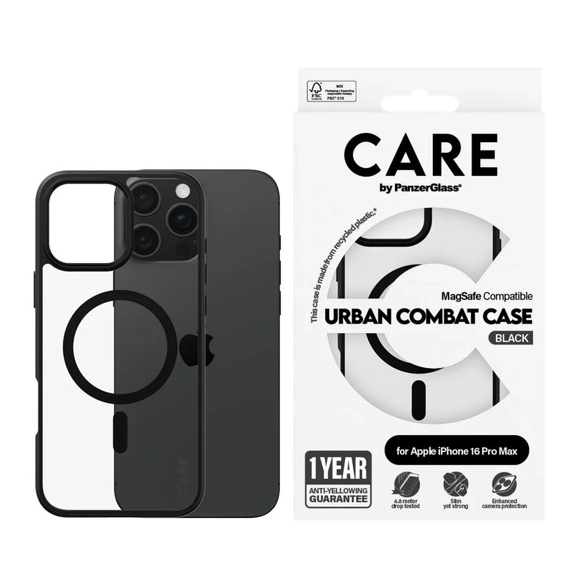 Care by PanzerGlass Flagship Urban Combat Case - etui kompatybilne z MagSafe do iPhone 16 Pro Max transparentne czarne