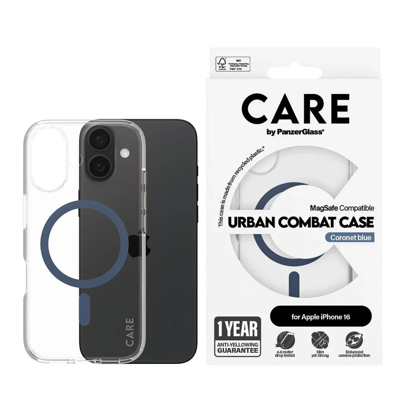 Care by PanzerGlass Flagship Urban Combat Case - etui kompatybilne z MagSafe do iPhone 16 transparentne niebieskie