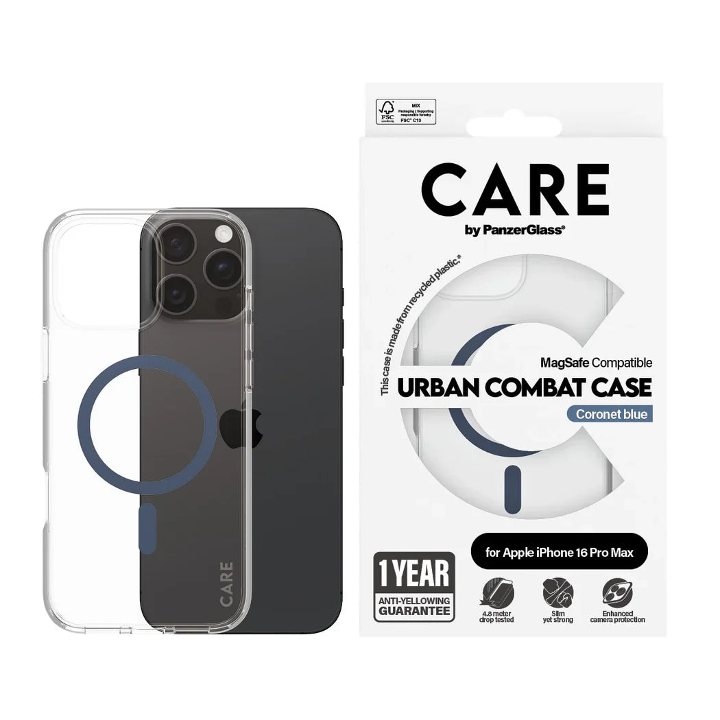 Care by PanzerGlass Flagship Urban Combat Case - etui kompatybilne z MagSafe do iPhone 16 Pro Max transparentne niebieskie