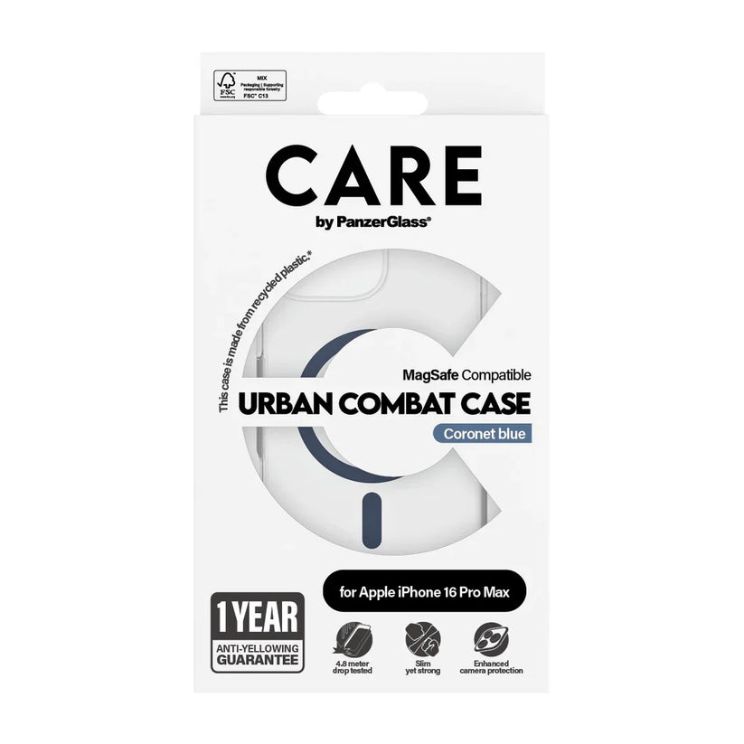 Care by PanzerGlass Flagship Urban Combat Case - etui kompatybilne z MagSafe do iPhone 16 Pro Max transparentne niebieskie