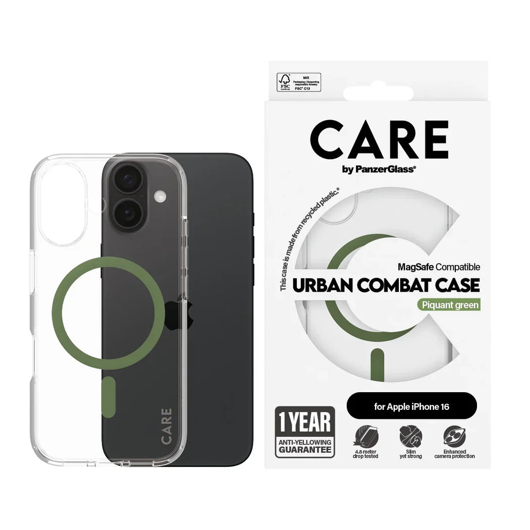Care by PanzerGlass Flagship Urban Combat Case - etui kompatybilne z MagSafe do iPhone 16 transparentne zielone