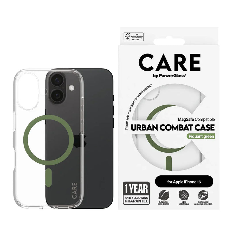 Care by PanzerGlass Flagship Urban Combat Case - etui kompatybilne z MagSafe do iPhone 16 transparentne zielone