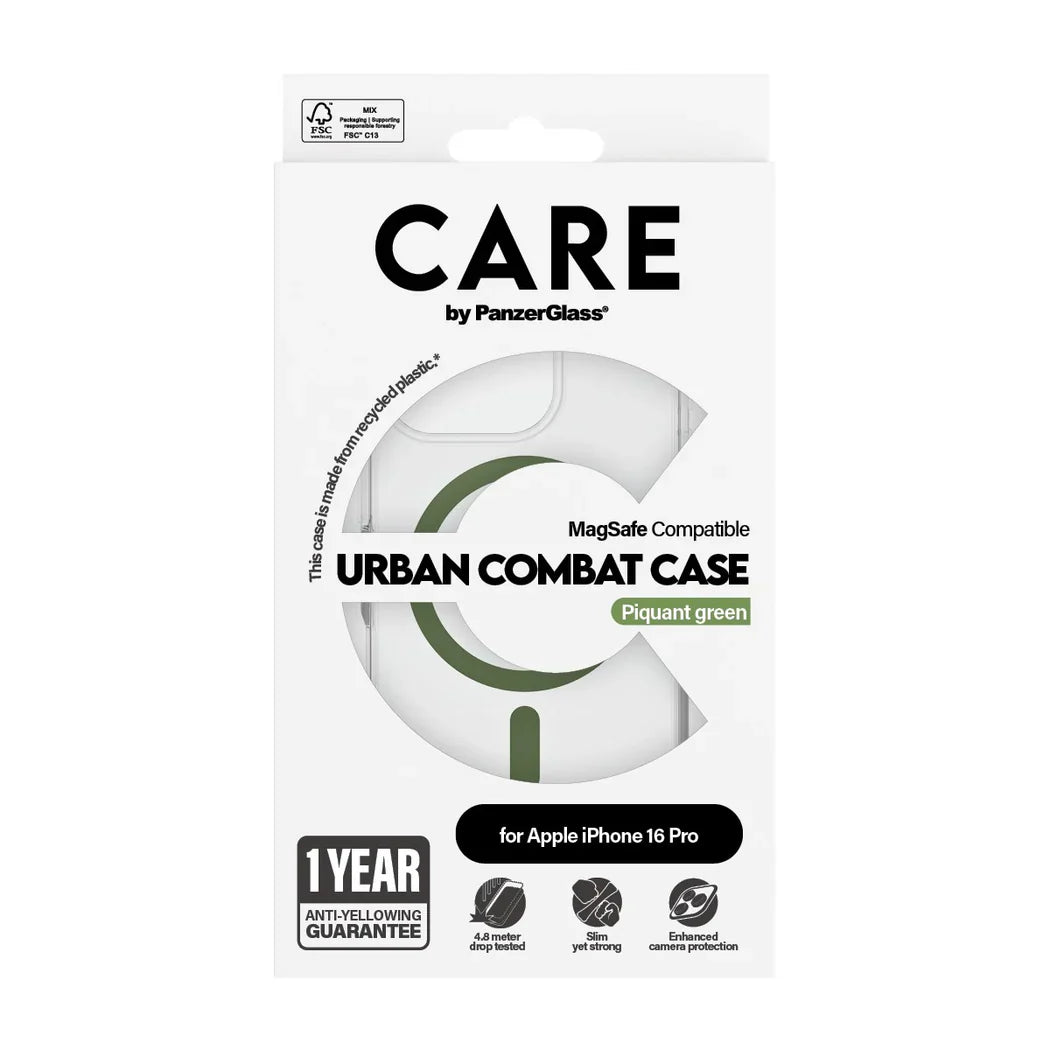Care by PanzerGlass Flagship Urban Combat Case - etui kompatybilne z MagSafe do iPhone 16 Pro transparentne zielone