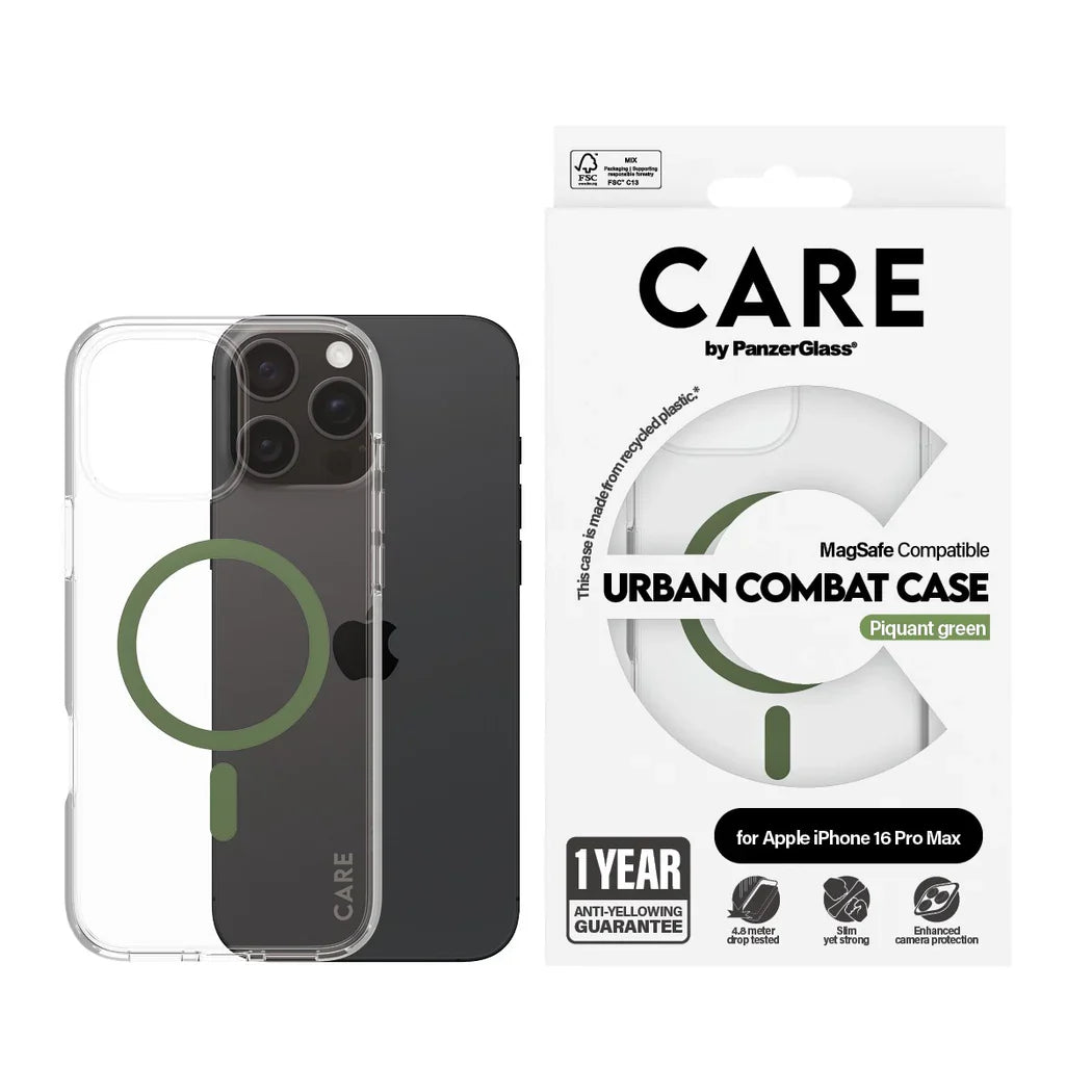 Care by PanzerGlass Flagship Urban Combat Case - etui kompatybilne z MagSafe do iPhone 16 Pro Max transparentne zielone