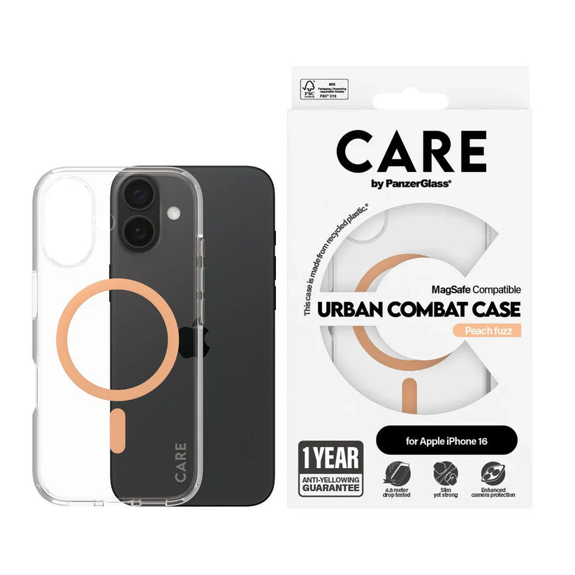 Care by PanzerGlass Flagship Urban Combat Case - etui kompatybilne z MagSafe do iPhone 16 transparentne brzoskwiniowe