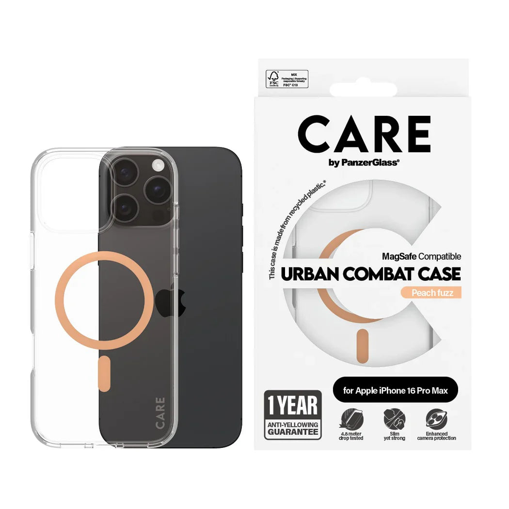 Care by PanzerGlass Flagship Urban Combat Case - etui kompatybilne z MagSafe do iPhone 16 Pro Max transparentne brzoskwiniowe