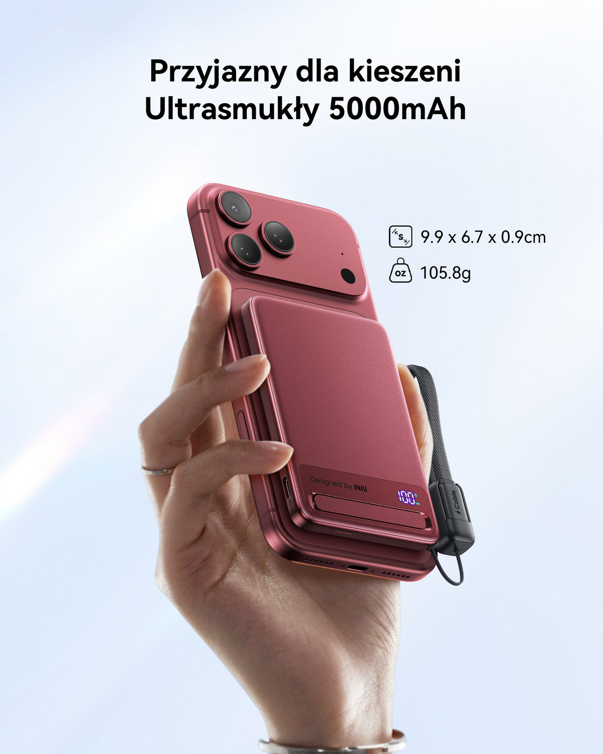 INIU Powerbank MagPro Slim - magnetyczny powerbank bezprzewodowy 5000mAh cherry red