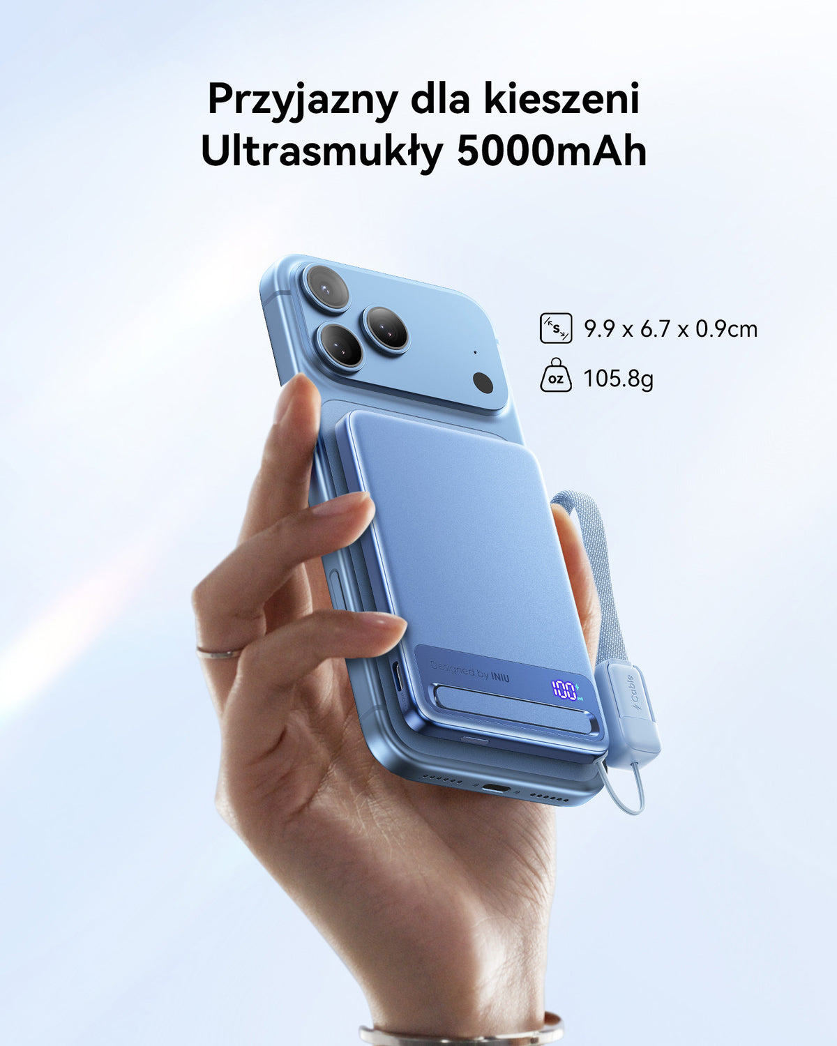 INIU Powerbank MagPro Slim - magnetyczny powerbank bezprzewodowy 5000mAh light blue