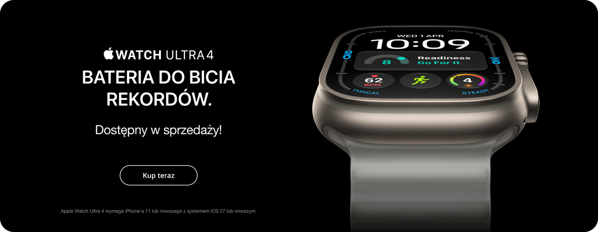 Baner promocyjny Apple Watch Series 12: Najbardziej zaawansowany pomiar tętna w Apple Watch. Dostępny w sprzedaży już od 50,60 zł miesięcznie w ofercie ratalnej. Na grafice przód i tył zegarka. Przycisk: Kup teraz.