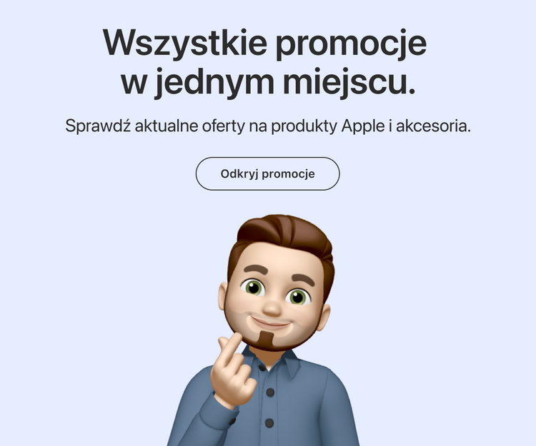 Baner zbiorczy z hasłem: Wszystkie promocje w jednym miejscu. Sprawdź aktualne oferty na produkty Apple i akcesoria. Obok postać Memoji składająca gest serca z palców. Przycisk: Odkryj promocje.