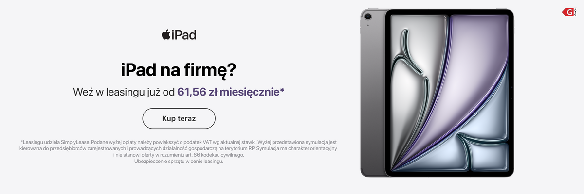 Baner ofertowy dla firm: iPad na firmę? Weź w leasingu już od 61,56 zł miesięcznie. Na grafice szary tablet iPad z przodu i tyłu. Przycisk: Kup teraz.