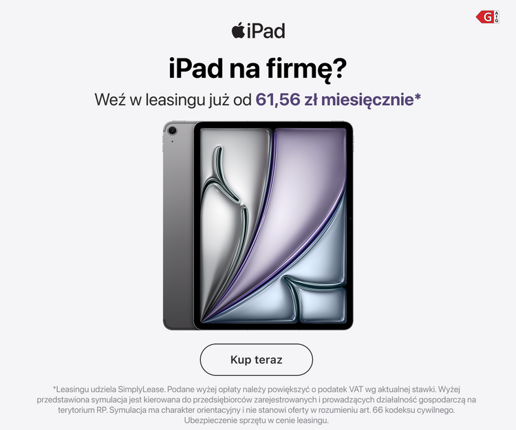 Baner ofertowy dla firm: iPad na firmę? Weź w leasingu już od 61,56 zł miesięcznie. Na grafice szary tablet iPad z przodu i tyłu. Przycisk: Kup teraz.