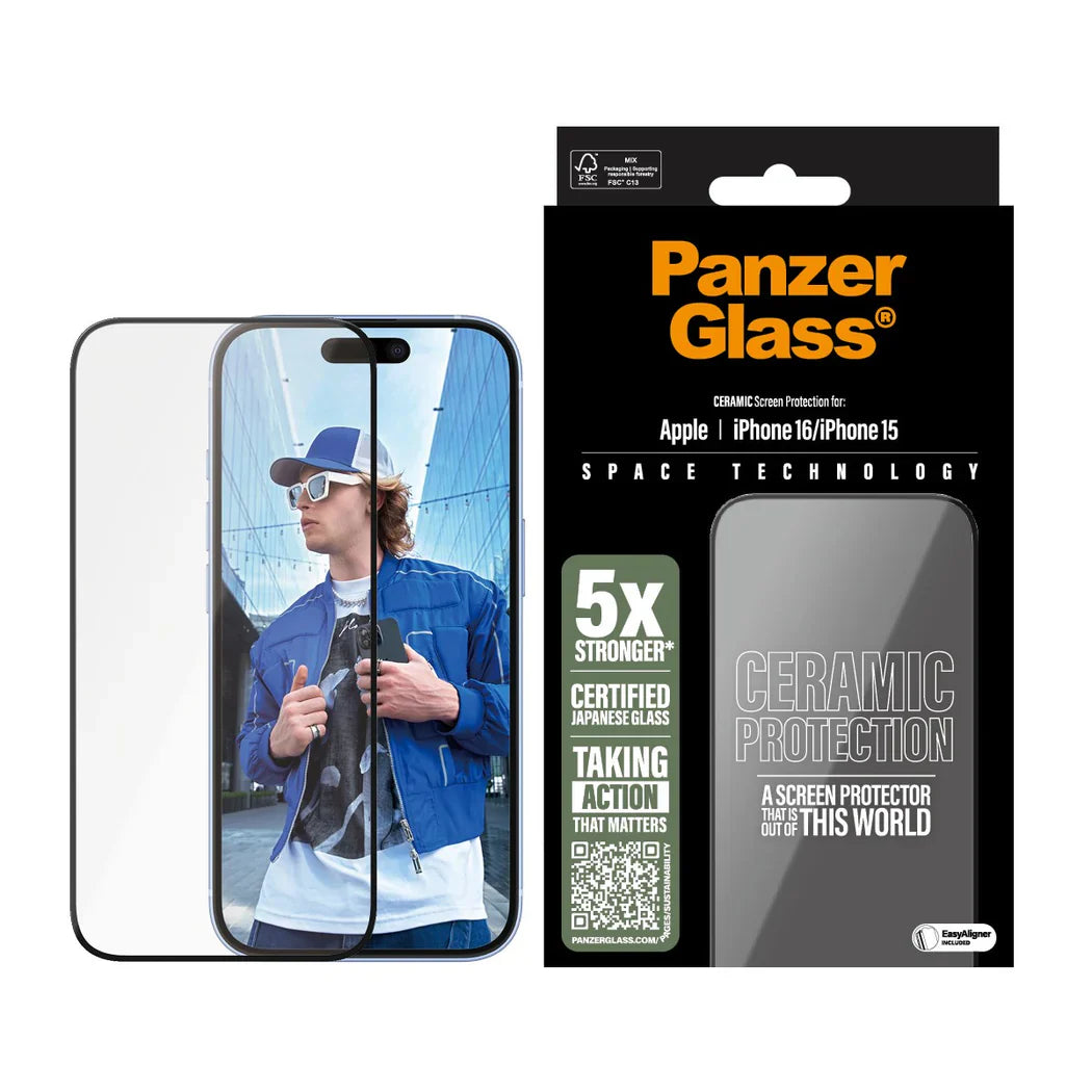 PanzerGlass Ceramic Screen Protector Ultra Wide Fit - szkło ceramiczne do iPhone 15 16 czarna ramka