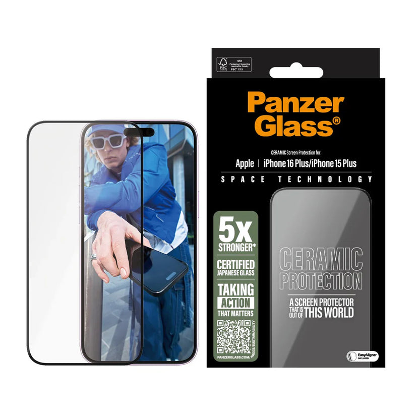 PanzerGlass Ceramic Screen Protector Ultra Wide Fit - szkło ceramiczne do iPhone 15 Plus 16 Plus czarna ramka