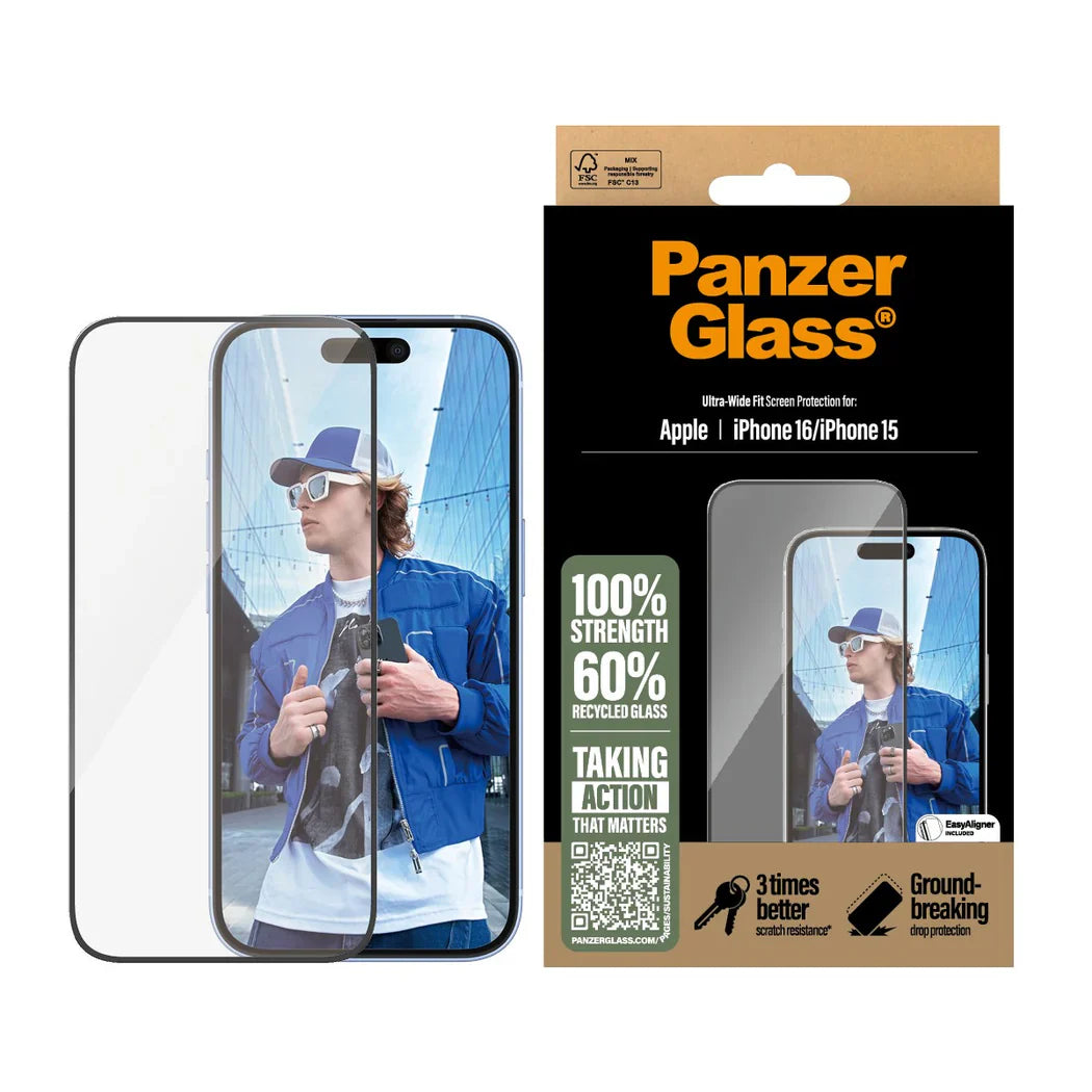 PanzerGlass Screen Protector Ultra-Wide Fit - szkło do iPhone 15 16 czarna ramka