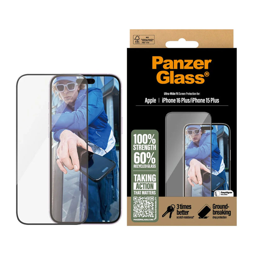 PanzerGlass Screen Protector Ultra-Wide Fit - szkło do iPhone 15 Plus 16 Plus czarna ramka