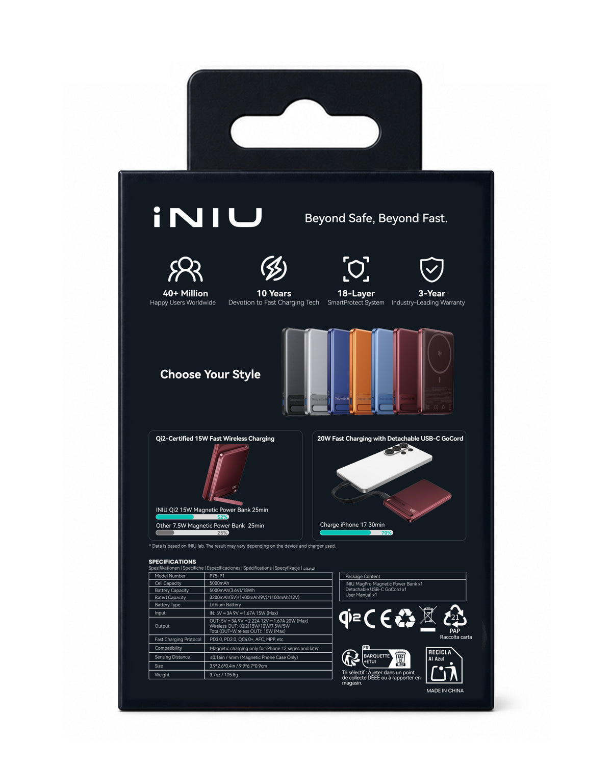 INIU Powerbank MagPro Slim - magnetyczny powerbank bezprzewodowy 5000mAh cherry red