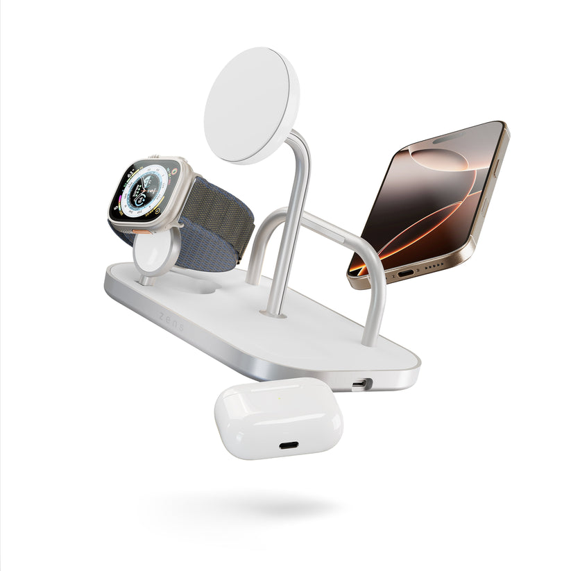 ZENS 4-1 Wireless Charger 60W - bezprzewodowa ładowarka Qi2 do trzech urządzeń (60W), z możliwością ładowania czwartego urządzenia przez kabel biała