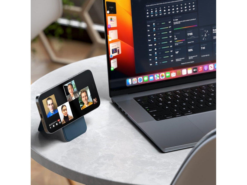 Satechi Vegan-Leather Wallet Stand - portfel i podstawka do iPhone'a z wegańskiej skóry kompatybilny z MagSafe niebieski