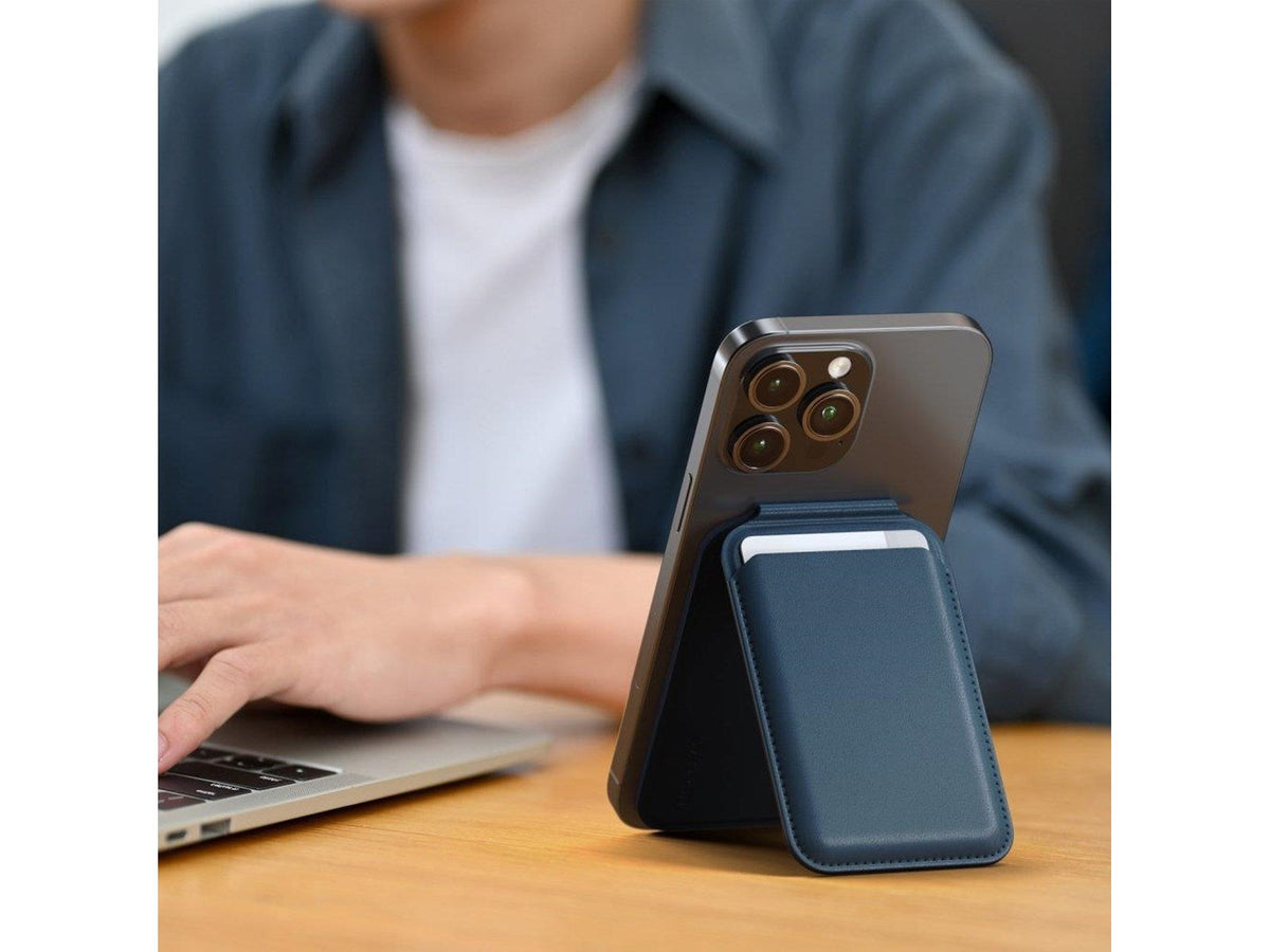 Satechi Vegan-Leather Wallet Stand - portfel i podstawka do iPhone'a z wegańskiej skóry kompatybilny z MagSafe niebieski